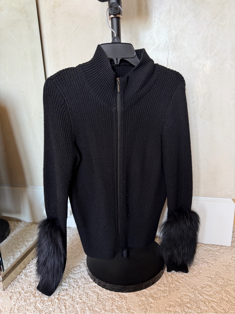 Elie Tahari Black Knit Zip-Front Jacket with Faux Fur Cuffs